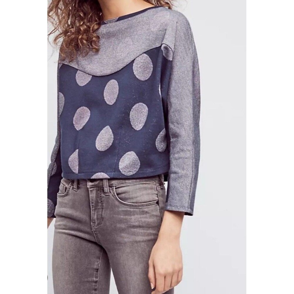Women's Anthropologie Small Navy Metallic Dot Long Sleeve Pull Over Sweatshirt